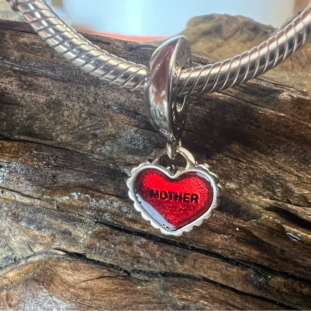 Authentic Pandora  Dangle Mother Daughter Red Enamel Heart Bead Charm Dotted Oxi